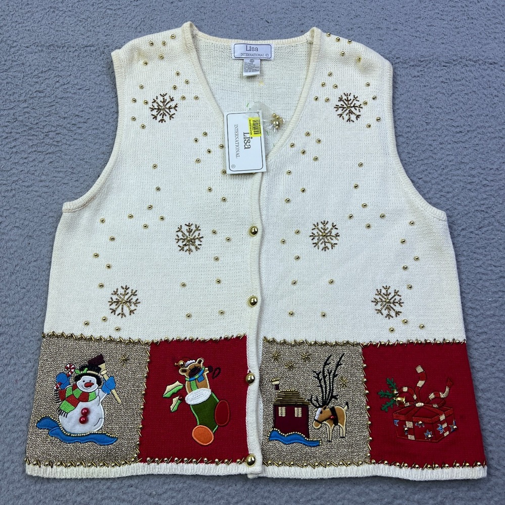 Lisa International Christmas Sweater Vest XL Ivory V-Neck Beaded Snowman Tree